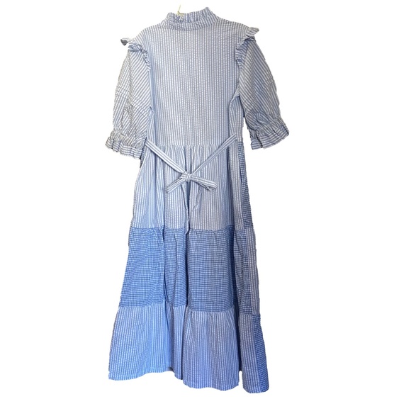 Blue White Seersucker Gingham Ruffle Tiered Prairie Cottagecore Maxi Dress S/M - Picture 6 of 16